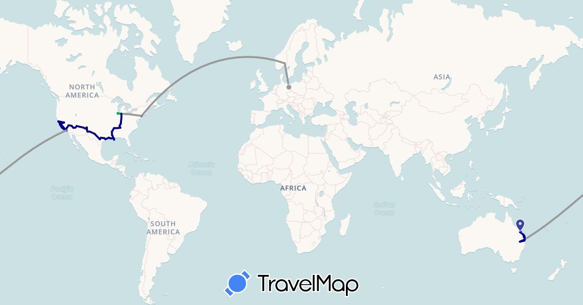 TravelMap itinerary: driving, bus, plane, cycling, hiking, boat in Australia, Germany, Norway, United States (Europe, North America, Oceania)